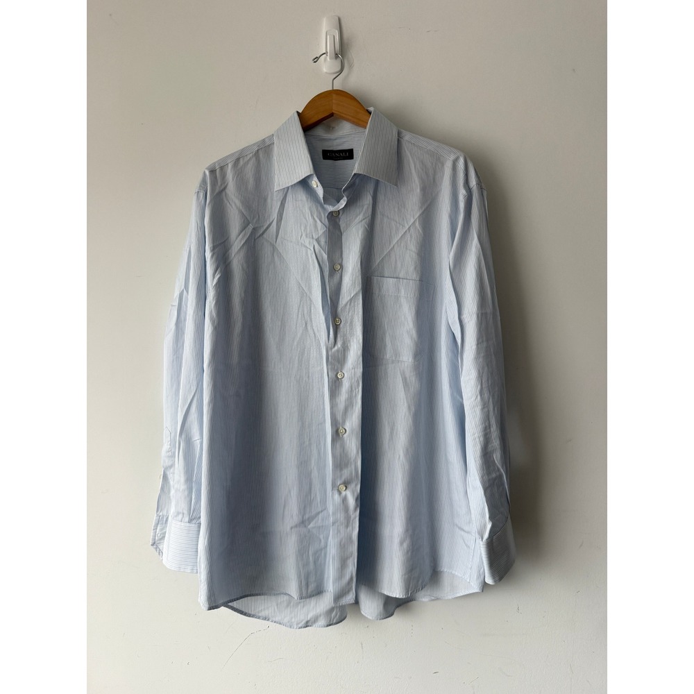 Canali Mens Blue White Micro Stripe Dress Shirt Made in Italy 46/18